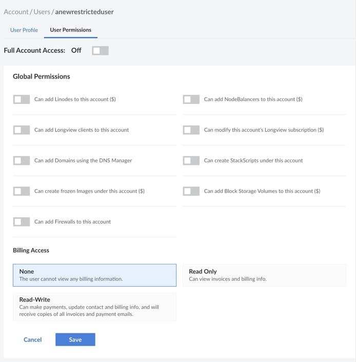 Configure User permissions in the Linode Cloud Manager Configure User permissions in the Linode Cloud Manager.