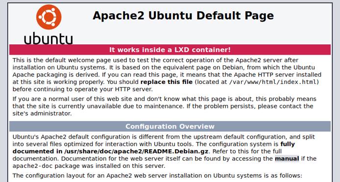 Web page of Apache server running in a container. Web page of Apache server running in a container