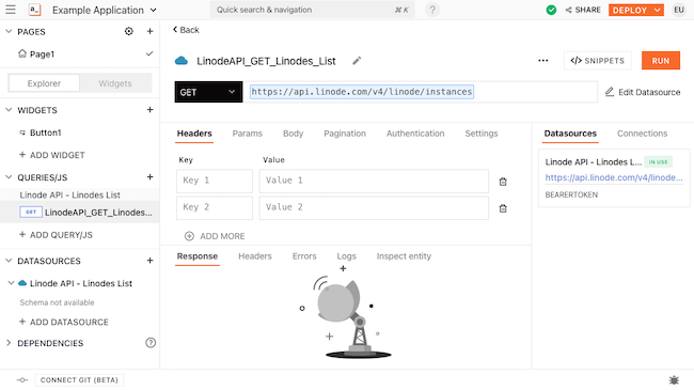 Query creation page for the example application