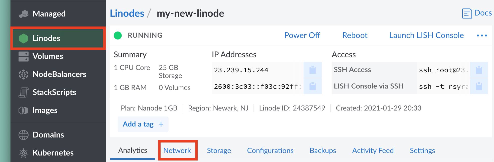 Linode Manager / Networking Tab