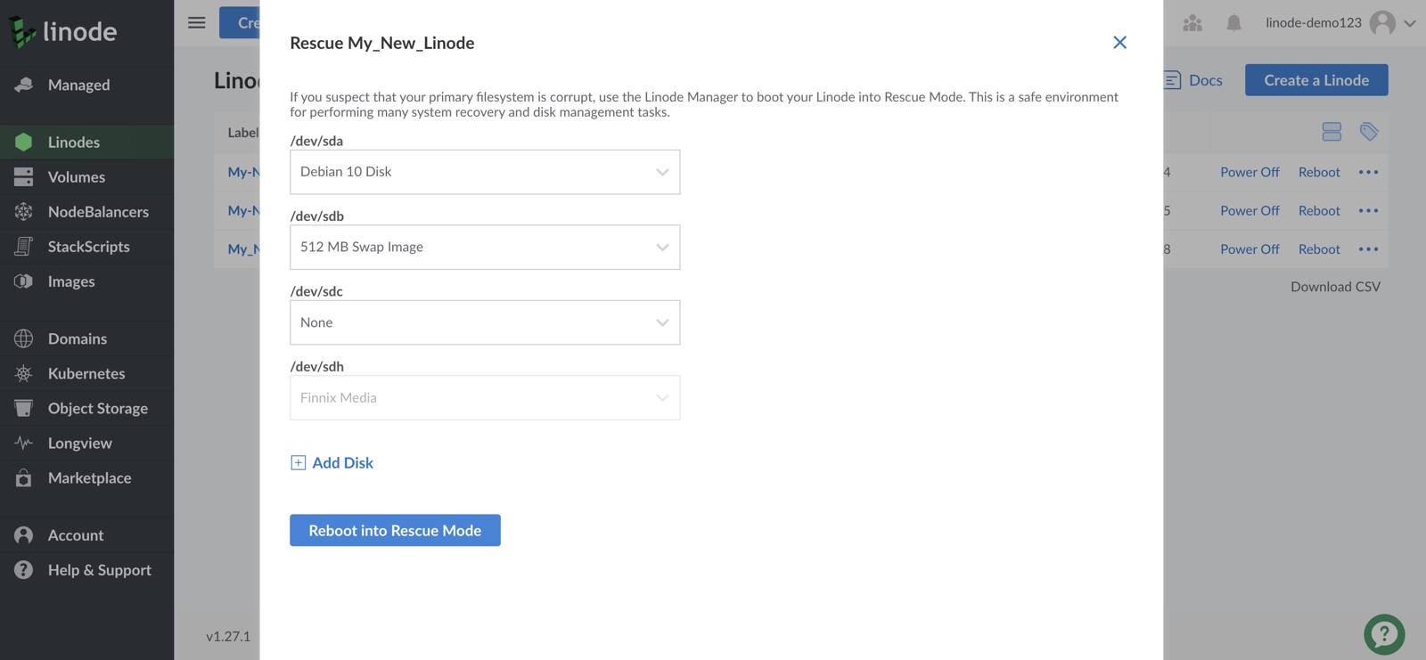 Linode Cloud Manager Rescue form - /dev/sda highlighted